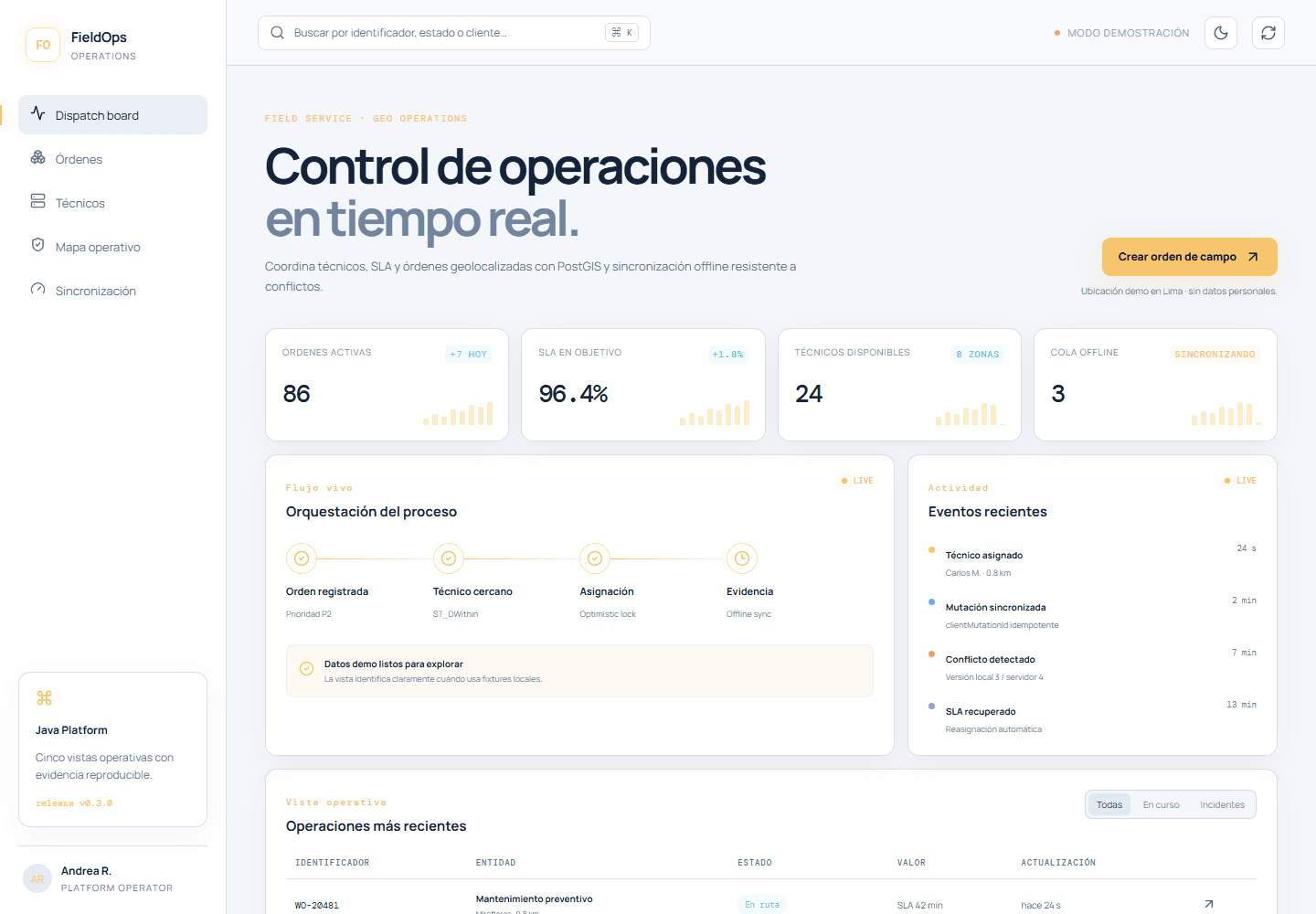 Vista previa: FieldOps — técnicos y órdenes de campo
