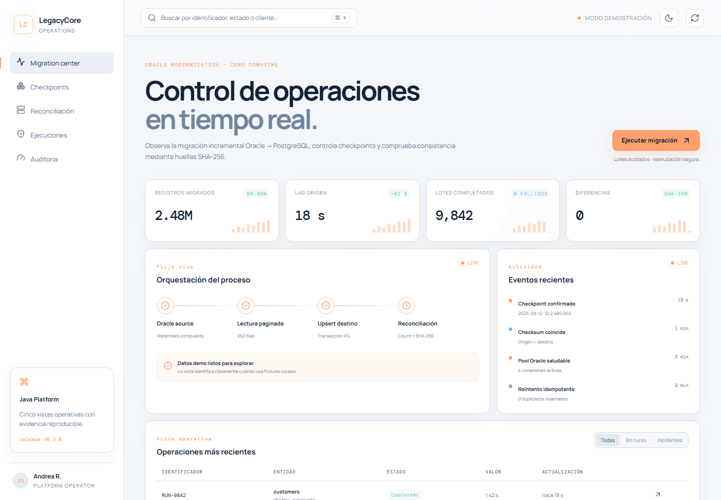 Vista previa: LegacyCore — modernización Oracle a PostgreSQL